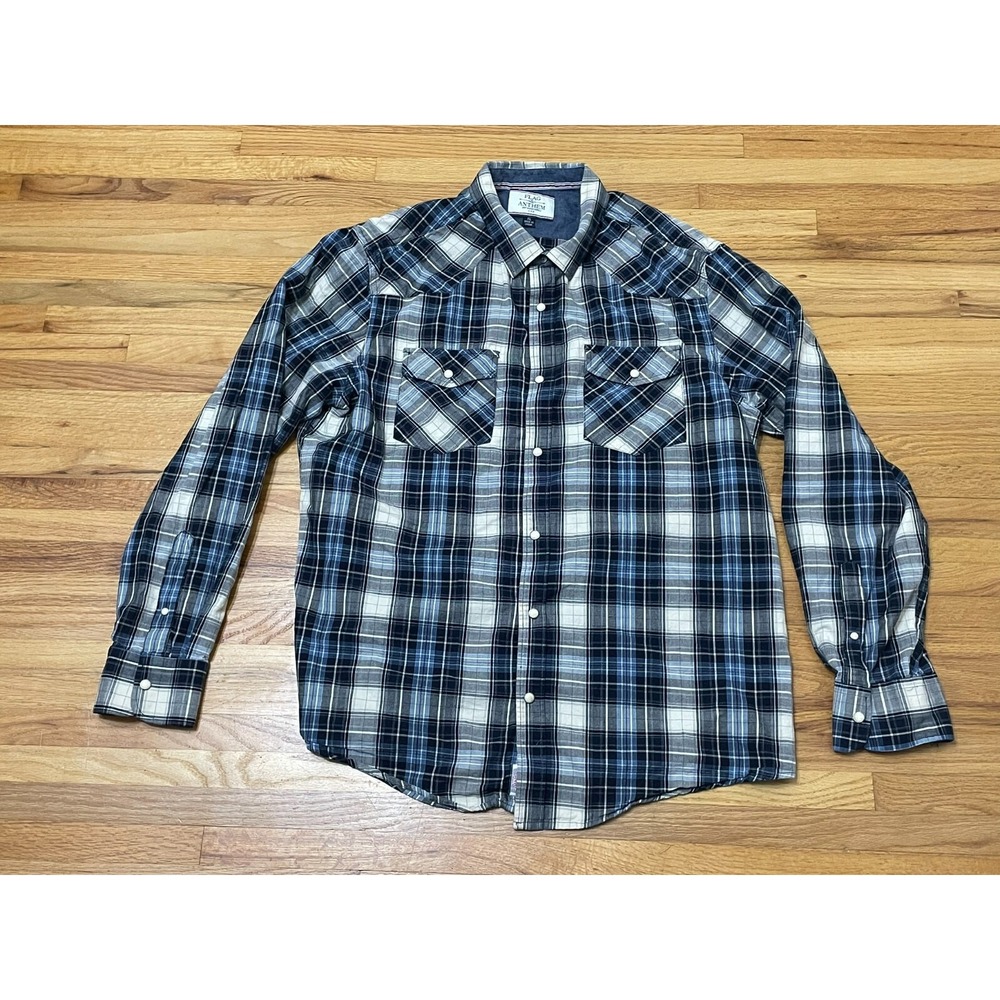 Flag & Anthem Western Button Up Shirt Men's XL Blue Plaid Pearl Snap Long Sleeve